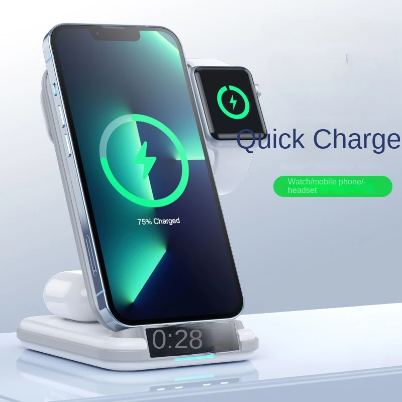 4 in 1 Magnetic Wireless Charger with Alarm Clock For iPhone 15 14 13 12 Fast Charging Station for Apple Watch 9 8 7 6 5 Airpods