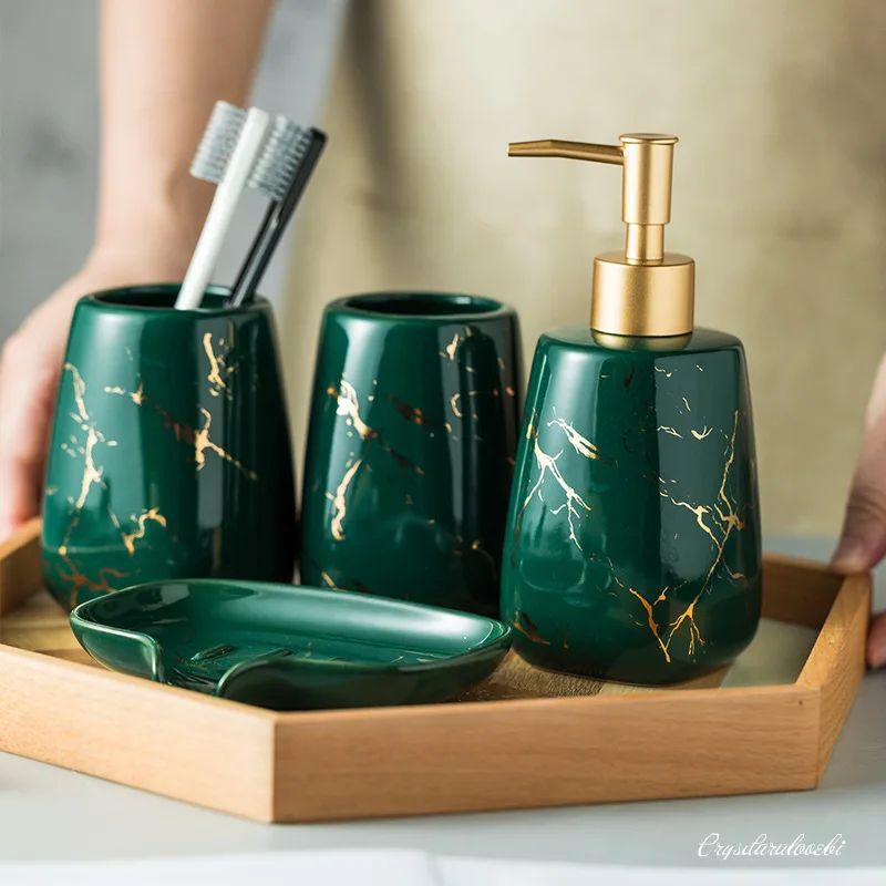 4pcs Set Bathroom Supplies Dark Green Ceramic Marble Pattern Bathroom Tray Wash Mug Cup Toothbrush Kit Ceramic Toothp