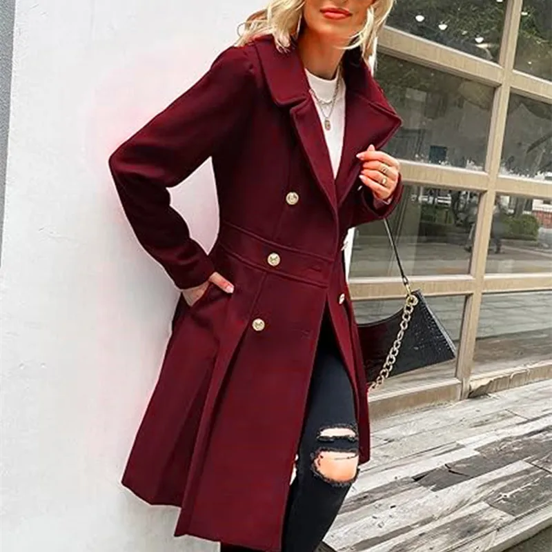 Women\'s Autumn Coat Wool Blend Solid Lined Coats Outerwears Female Jackets Double Breasted Lapel X-length Women\'s Overcoat