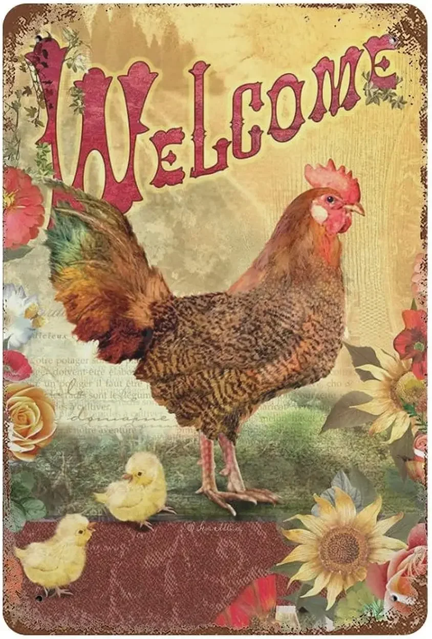 Retro Vintage Metal Signs Garden Chicken Hen Welcome Vintage Signs Retro Tin Signs Aluminum Sign for Kitchen Home Garden Wall Ba