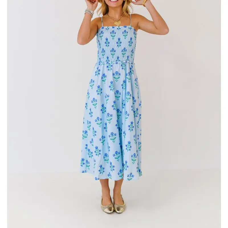 Combhasaki Women Summer Thin Spaghetti Strap Dress Floral Print Ruffled Trim Smocked Sleeveless Square Neck A-line Long Dress