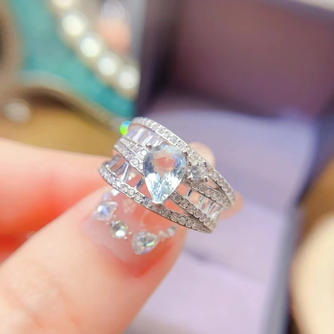 KJJEAXCMY bague aigue-marine naturelle argent S925, processus de couleur de verrouillage électrolytique, haute clarté pleine de lustre Test de Support