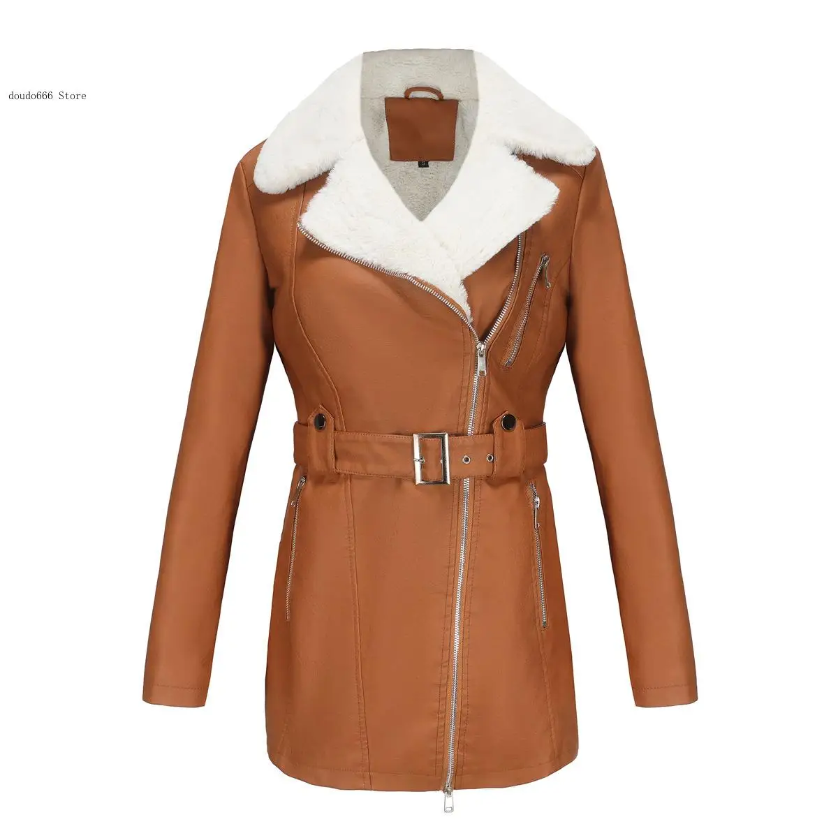 Autumn and Winter Long-Sleeved Fleece-Lined Leather Women\'s Lapel Double-Head Zipper with Belt Warm Jacket