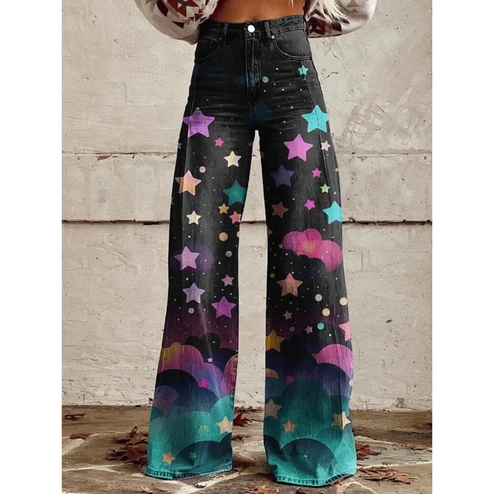 Vintage Galaxy Star Print Hose mit hoher Taille und weitem Bein, Damen-Baumwollhose, lässige Streetwear-Hose für Festivals und Konzerte – Detail 11