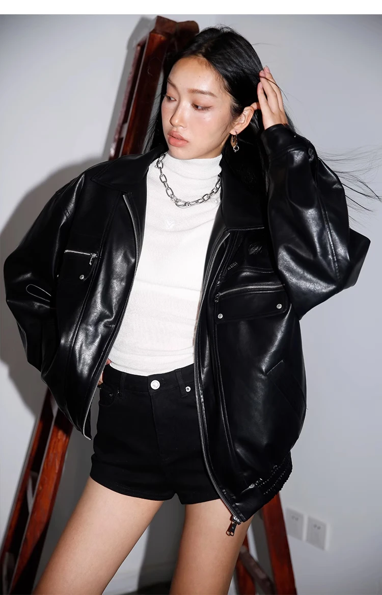 Leather Coat Adult Style Solid Color Loose Casual Black White Retro American Profile Lapel Long Sleeve Jacket Versatile Spring