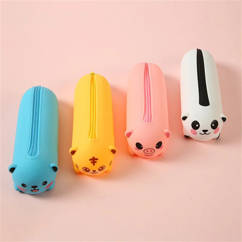 Silicone Pencil Case Cute Bear Panda Tiger Soft Pen Container Creative Ruler Holder Stationery Box Children Gifts Pouch Bag