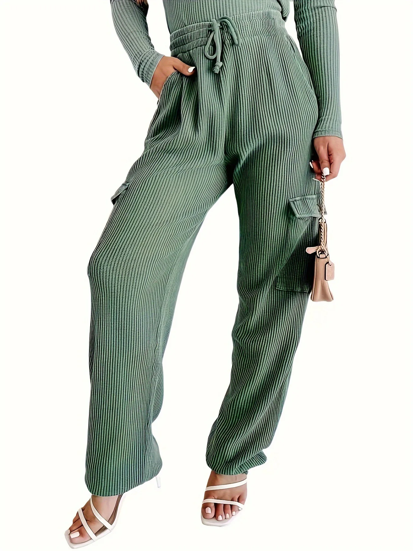 Solid Color Flap Pockets Harem Pants Vacation Drawstring High Waist Pants For Spring & Fall Women's Clothing