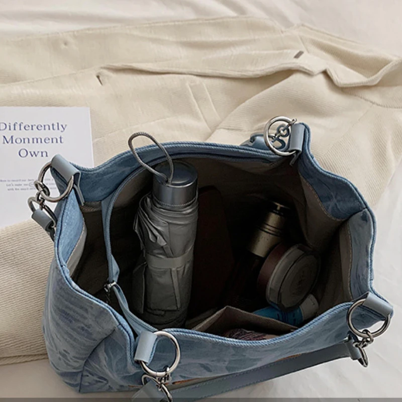 Tote Shoulder Bag Large Capacity Bags for Women Denim Shopping Storage Bags Trend All-match Soft Textile Summer Leisure Travel