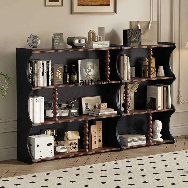 

Medieval pure solid wood bookshelf French retro living room home floor shelf American display shelf