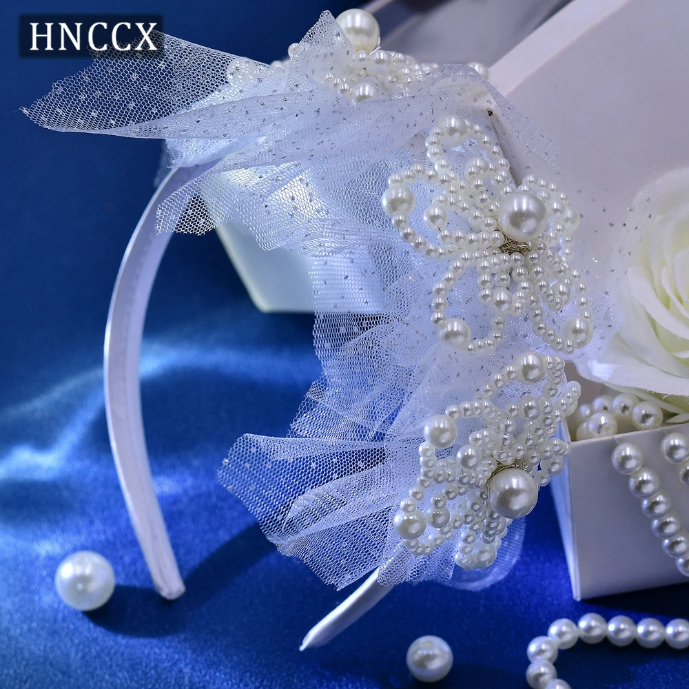 HNCCX White Gauze Fairy Bride Headwear Handmade Fashion White Faux Pearl Hair Hoop Women Wedding Ornaments Luxury CP693