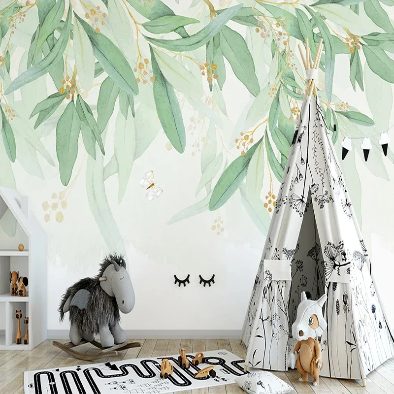 Custom Wallpaper 3D Papel De Parede Watercolor Green Leaves Interior Mural Bedroom Living Room Background Photo Home Décor