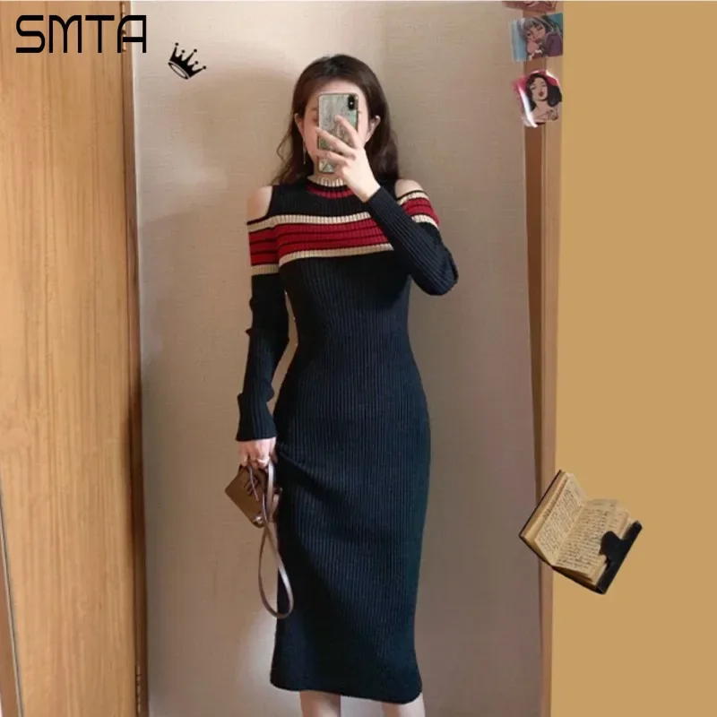 Abiti da lavoro a maglia invernali Vintage per le donne Sexy senza spalline o-collo manica lunga Robe Femme bottone con spacco laterale Vestido