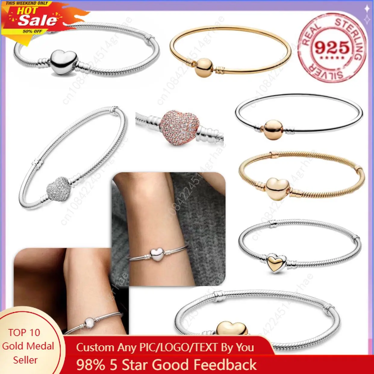 

HOT SALE Original Fine Jewelry 925% Sterling Silver Heart-shaped circle Smooth Snake Bone Charm Bracelet for Women Holiday Gift