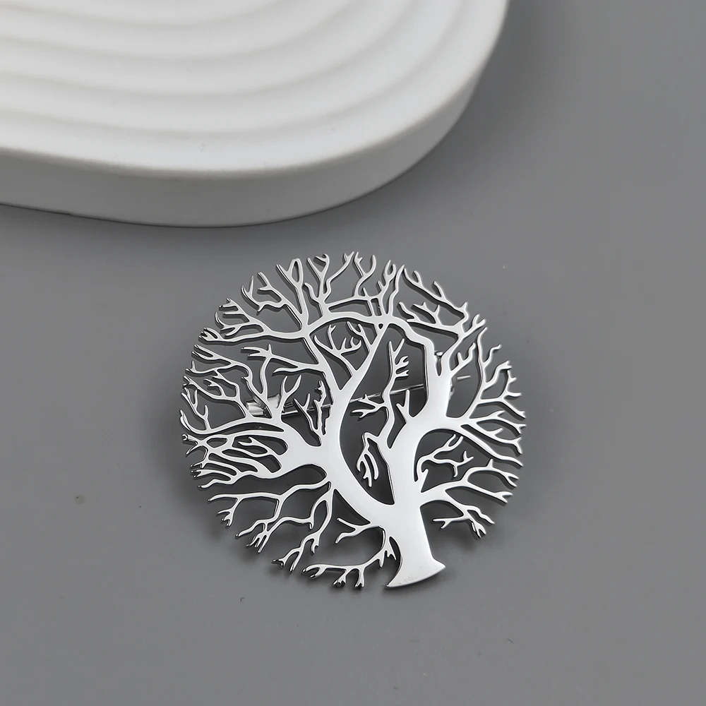 New round tree of life gold-plated stainless steel brooch, men\'s suit pin black, high quality father husband gift set