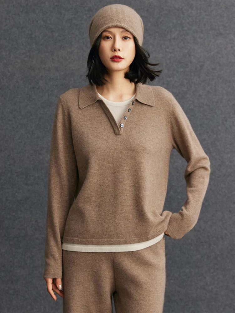 

TLOML New Women's 100% Cashmere Knitted Polo Collar Pullover Sweater Knitwear High Quality Autumn Winter Soft Warm Comfy Tops