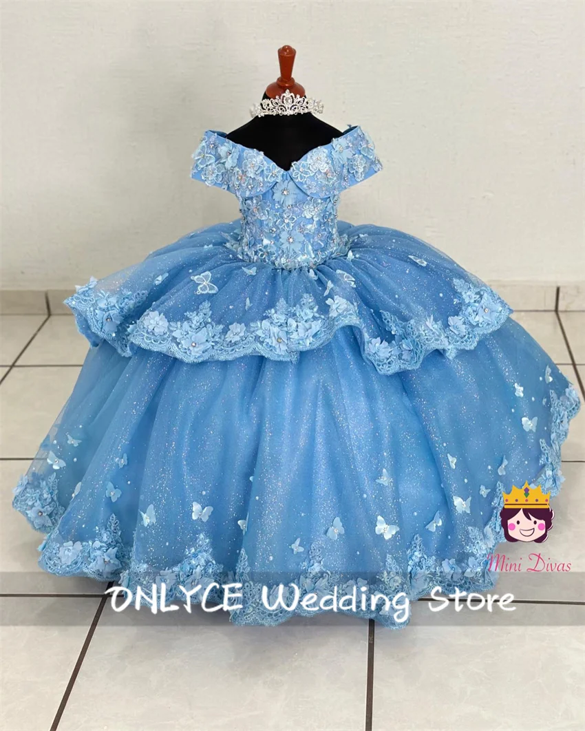 

Luxury Blue Flower Girls Dress For Weddings Floral Butterfly Applique Crystal Pearls Birthday Gown First Communion Customized