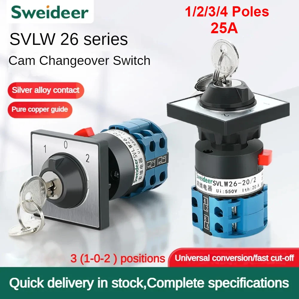 

LW26-25 Series Changeover Cam Switch with Key 25A 690V Silver Contact 1/2/3/4poles 3 Positions Rotary Selector Universal Switch