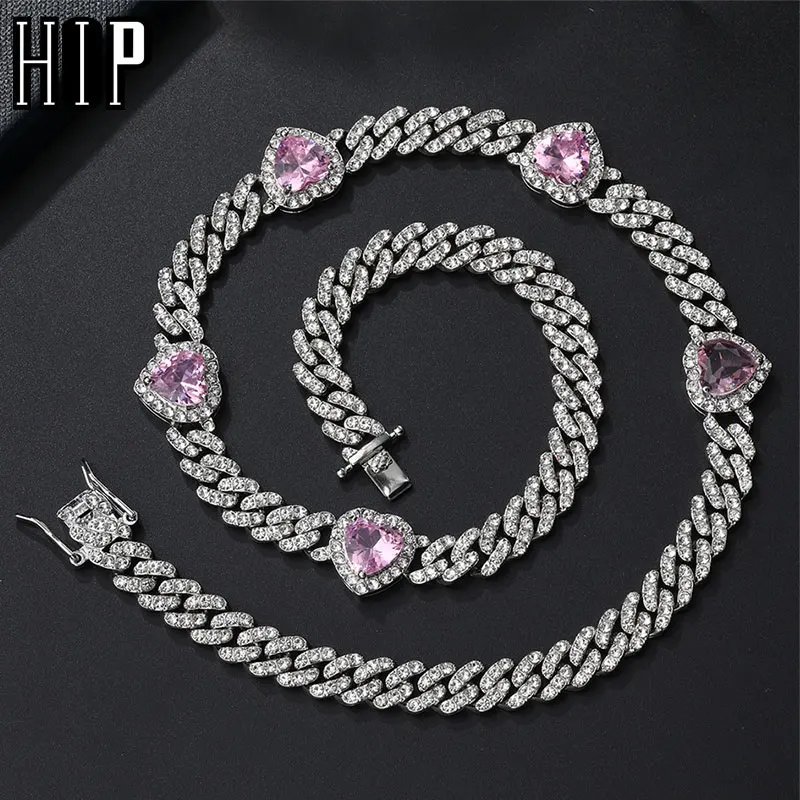 16MM Prong Cuban Link Chain With Heart Iced Out Rhinestones Rapper Necklaces Bracelet For Men Women Choker Jewelry