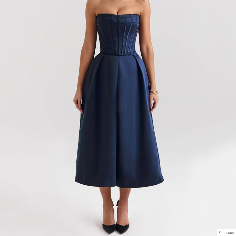 

A-line Women's Evening Dresses Tea-length Strapless Sleeveless Prom Gown Fashion Backless Bow Simple Draped Customized Gowns