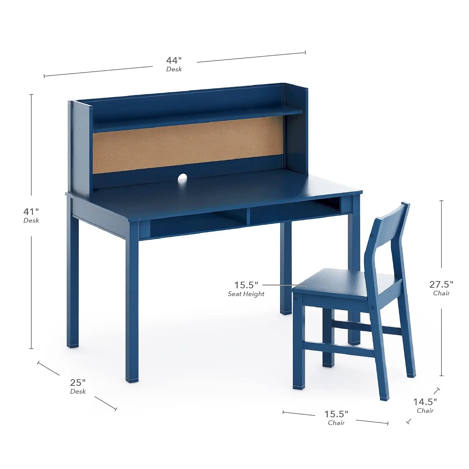 Kids Desk with Hutch & Chair Set Navy Table Storage Cubbies Bulletin Board Wooden Study Desk for Bedroom, Customized view 2