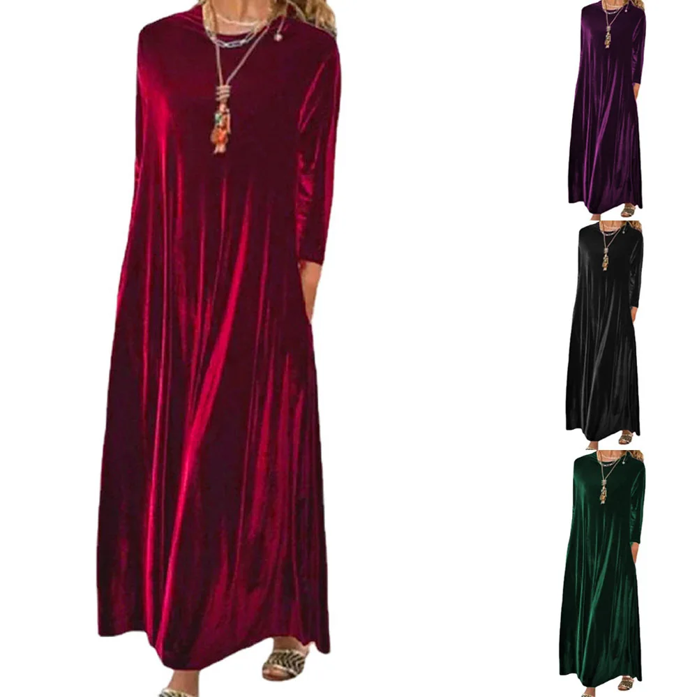 Spring New Golden Velvet European and American Slim Style Round Neck Long Dress