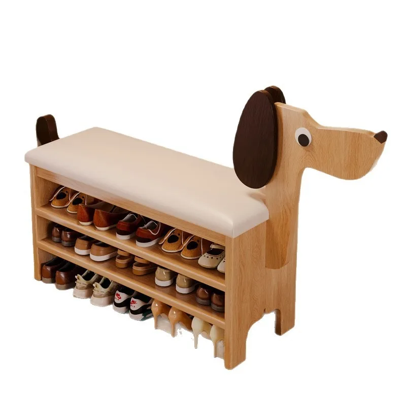 Solid wood upholstered shoe changing stool, household finishing rack, rental house multi-layer storage puppy stool integrated