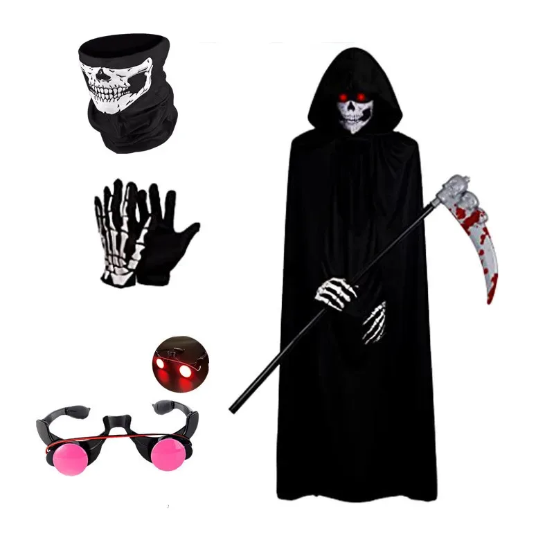 

Children's Ghost Halloween Role-play Costume with Red Skull Cape and Scythe Creepy Vampire Mask