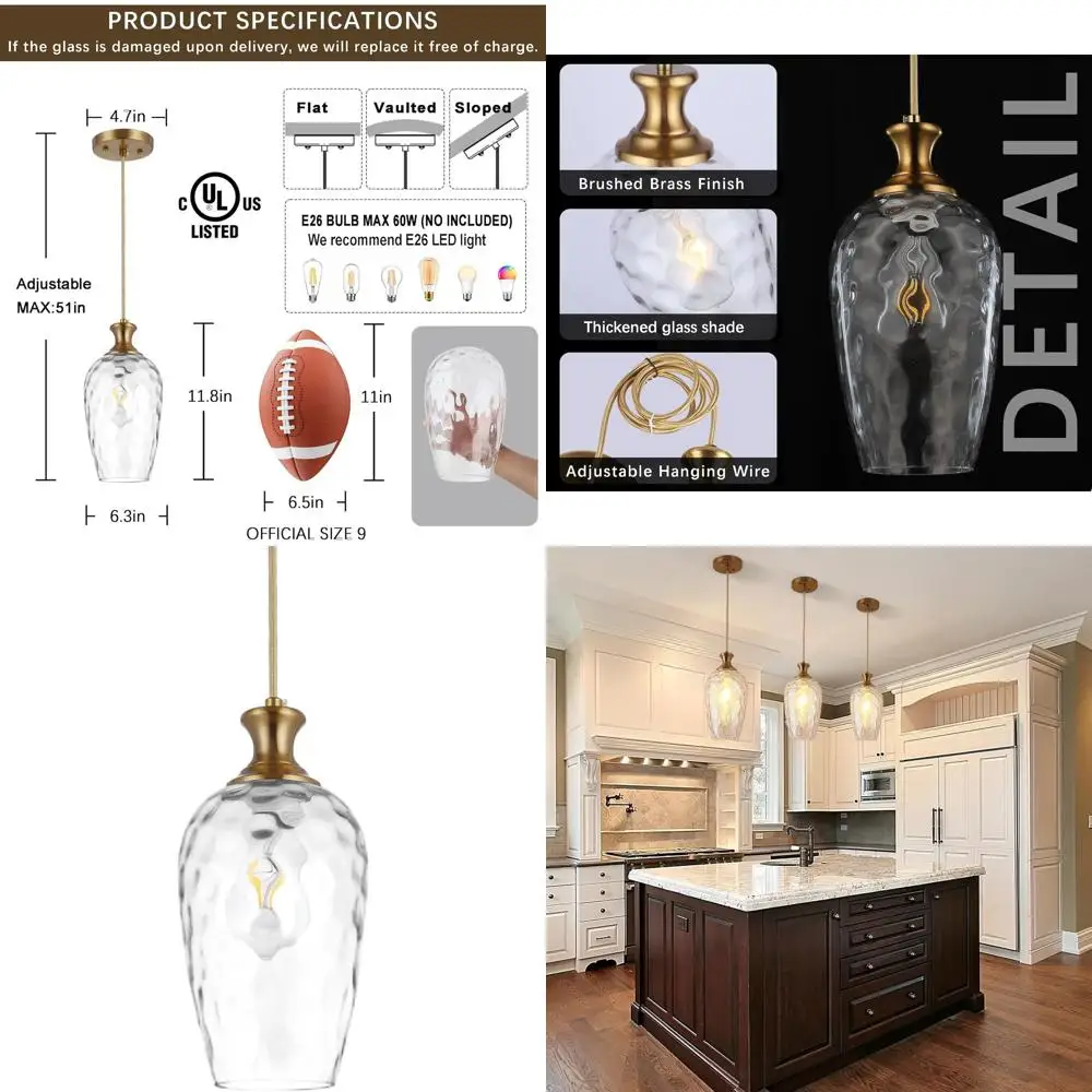 

Подвесные светильники из прозрачного стекла для кухонного острова, столовой и зоны умывальника, с позолоченными латунными элементами, цоколь E26