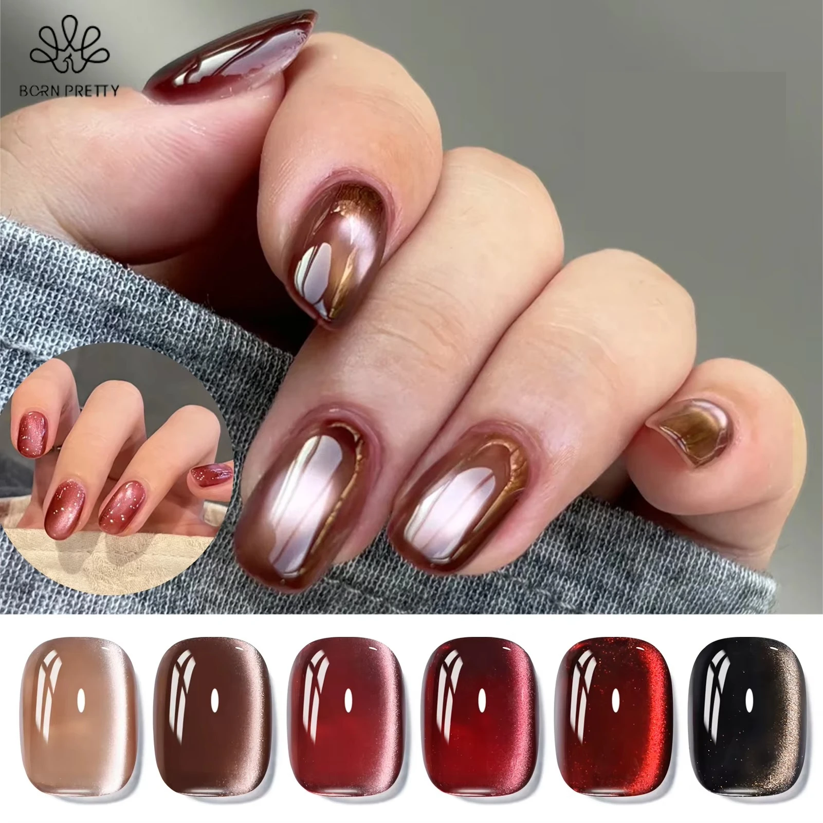 BORN PRETTY 6 Bottle Ebony Rose Glass Bead Cat Magnetic Gel Set Autumn Winter Dark Red Brown Soak Off UV Gel Set Manicure