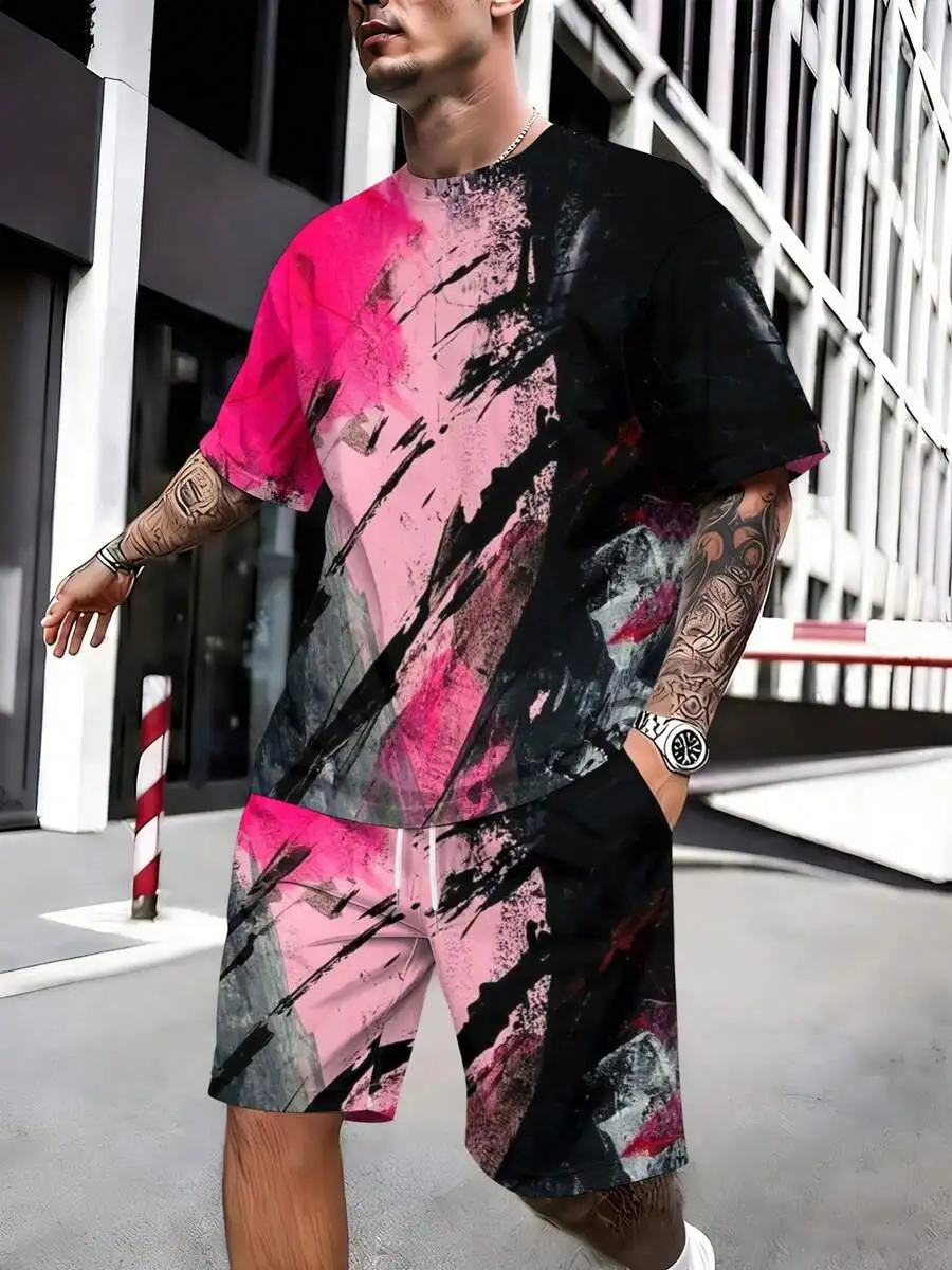 

Mens Sporty Short Sleeve Graphic Print Set Black Pink Graffiti Drawstring Shorts Lightweight Polyester