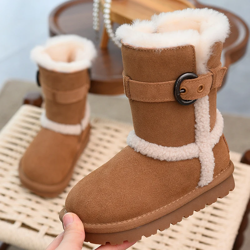 

Children's Snow Boots with High Leather Upper, Thick Fleece Lining, Girls' Cotton Boots, 2025 Winter New Style Children's Shoes, Warm Boys' Shoes