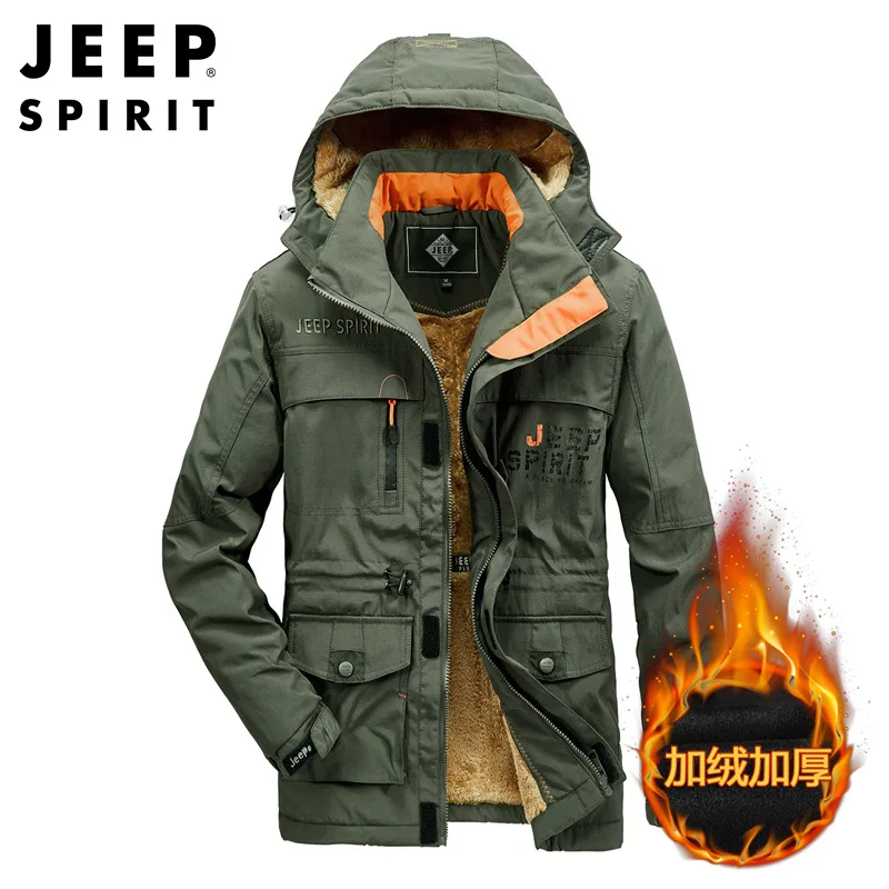 JEEP SPIRIT autumn  winter mid-length cotton jackets men plus velvet thickening loose cold-proof warm high-quality coat clothes