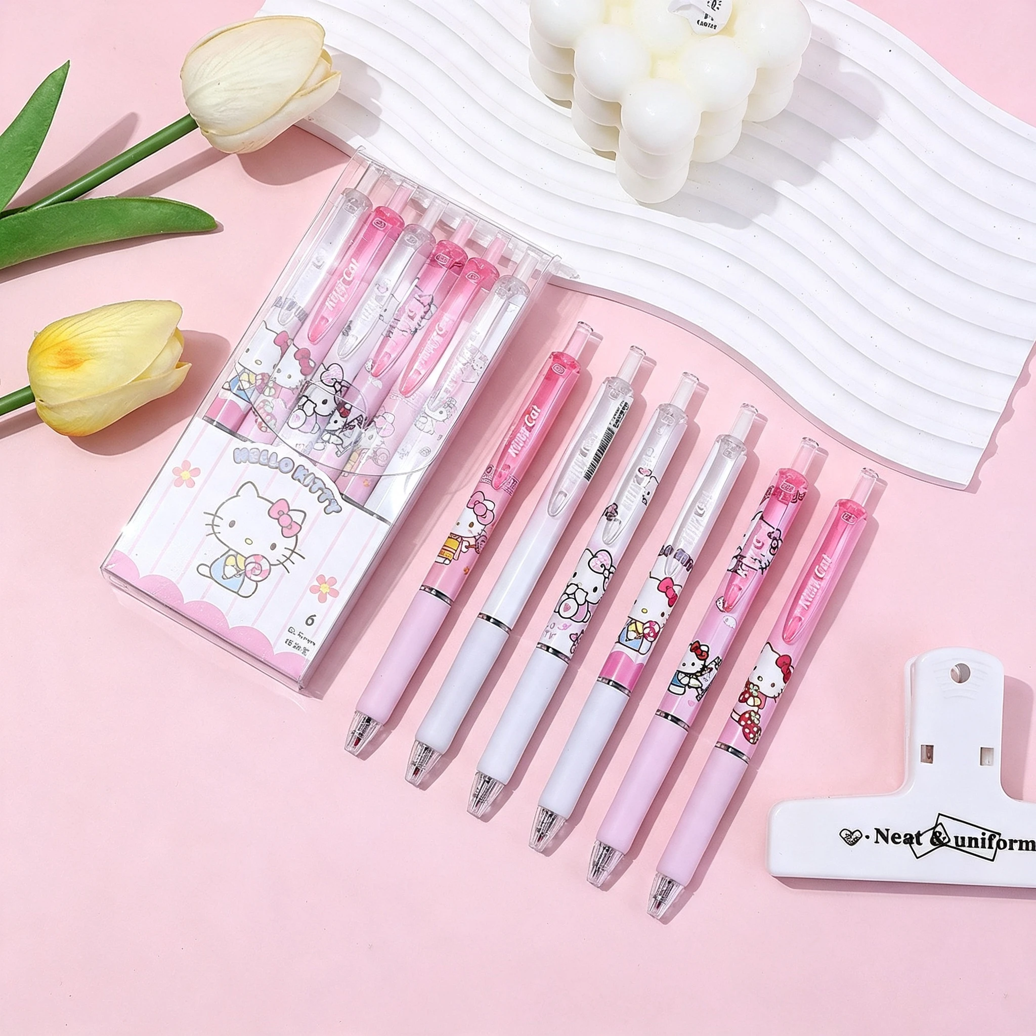 6 Stifte/Set Niedliche Hello Kitty Melody Schwarze 0,5mm Gelstifte, Druckknopf-Typ Übungsstifte für Schüler/Büroangestellte Tägliche Schreibwaren – Detail 5