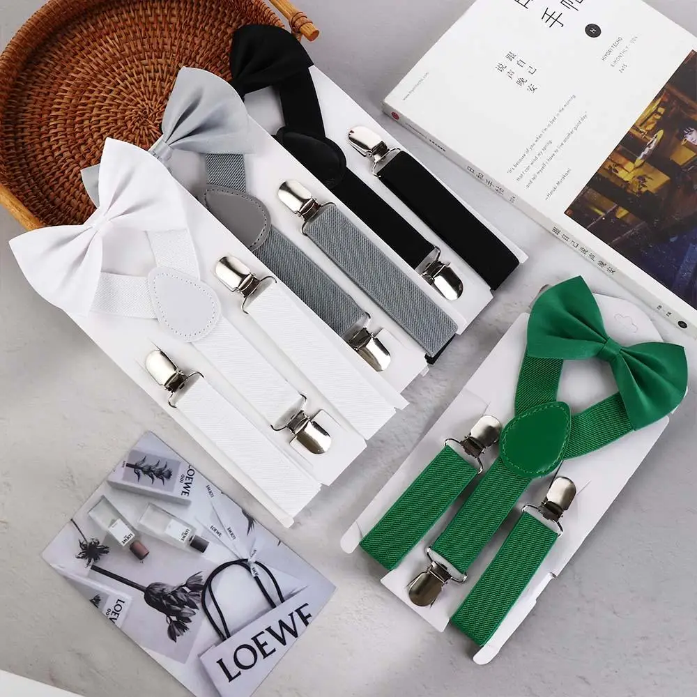 Fashion warna Solid untuk anak perempuan untuk anak laki-laki untuk anak-anak tali dasi kupu-kupu suspender klip dasi suspender Set celana gantung klip