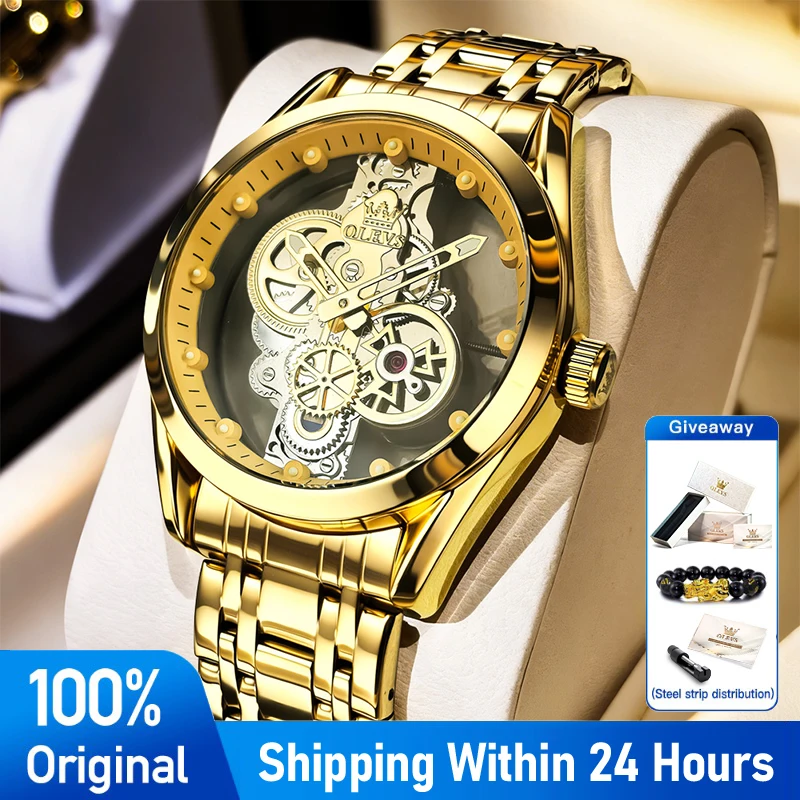 OLEVS 3725 40MM Herrenuhr Sport Skelett Quarz Armbanduhr Stahlarmband Wasserdicht Leuchtende Uhr für Männer Geschenk