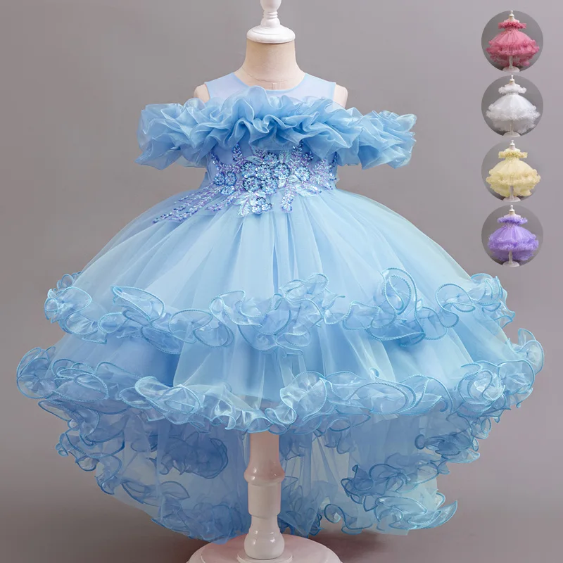 

Kids Flower Party Girls Dress Christmas Costume Tulle Trailing Bridesmaid Princess Kids Dresses for Girl Wedding Birthday Gown