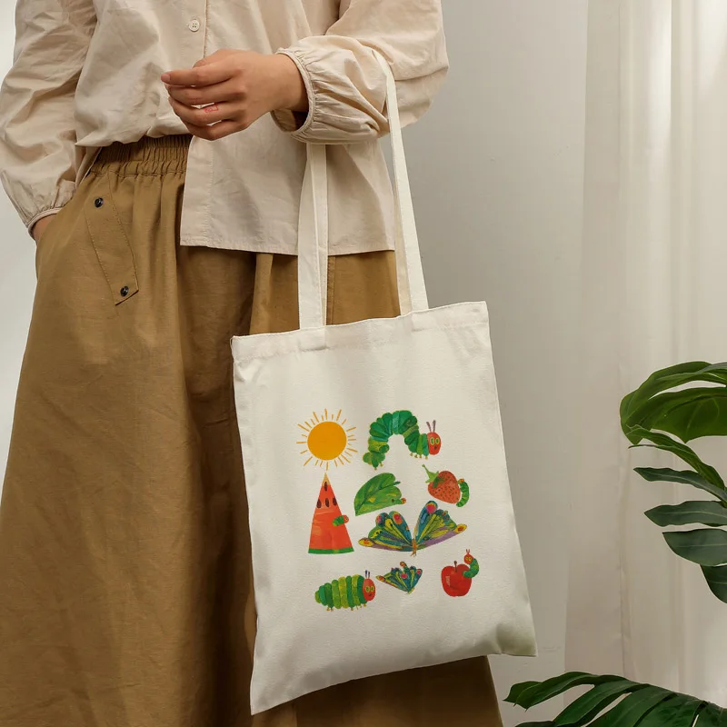 Hungry Caterpillar Teacher Canvas Tote Bag, Vintage Personalized Custom Shoulder Bag Reusable Shopping Bag for Women