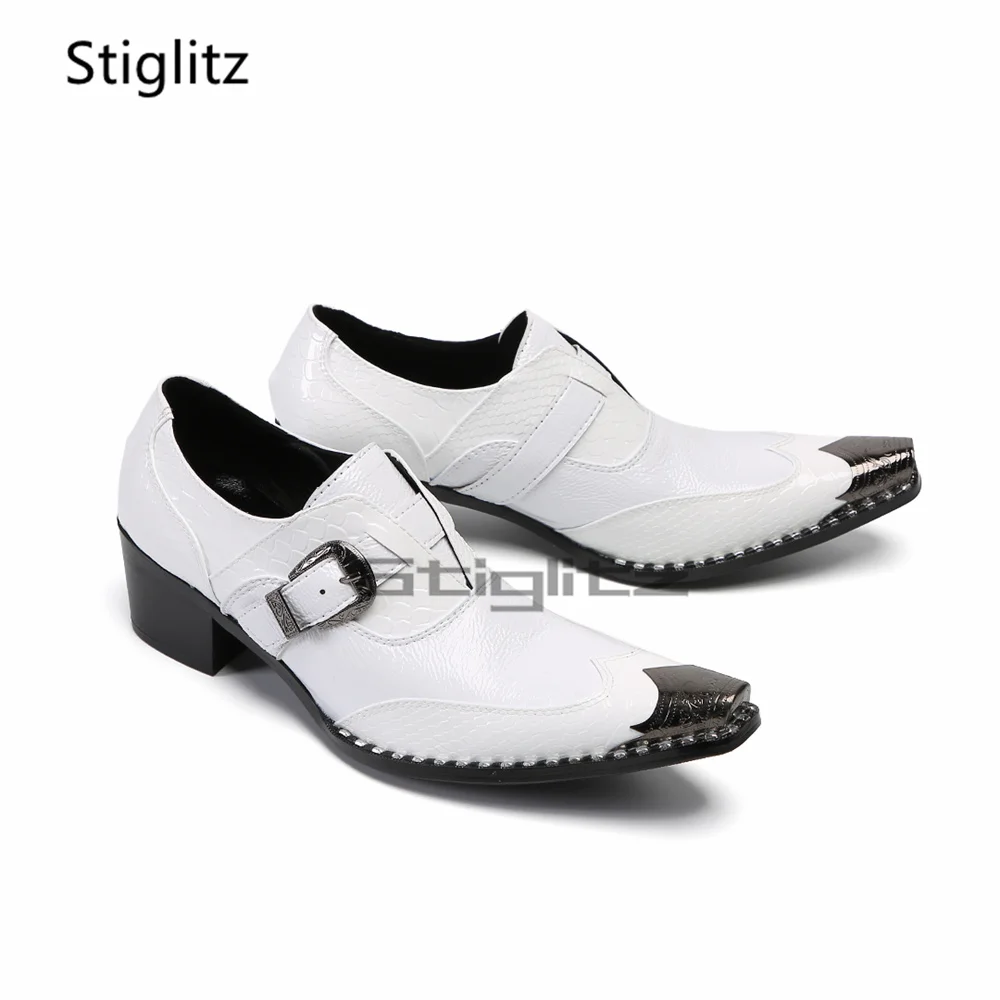 

High Heels White Cowhide Dress Shoes for Men Metal Pointed Toe Casual Business Shoes Trendy Genuine Leather Party Wedding Shoes