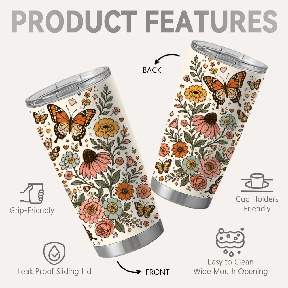 Retro Skull Flowers Vacuum Flasks 20oz Stainless Steel Tumbler with 2 Lids & Reusable Straw Vacuum Insulated Travel Mug