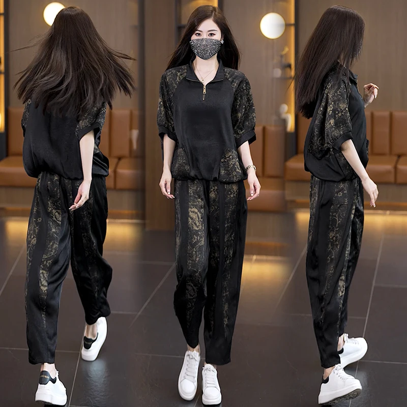 2024 Autumn New Fashion Short sleeved Top Casual Pants Two piece Set Women\'s Loose Haren Pants Two piece Set Large Size Set