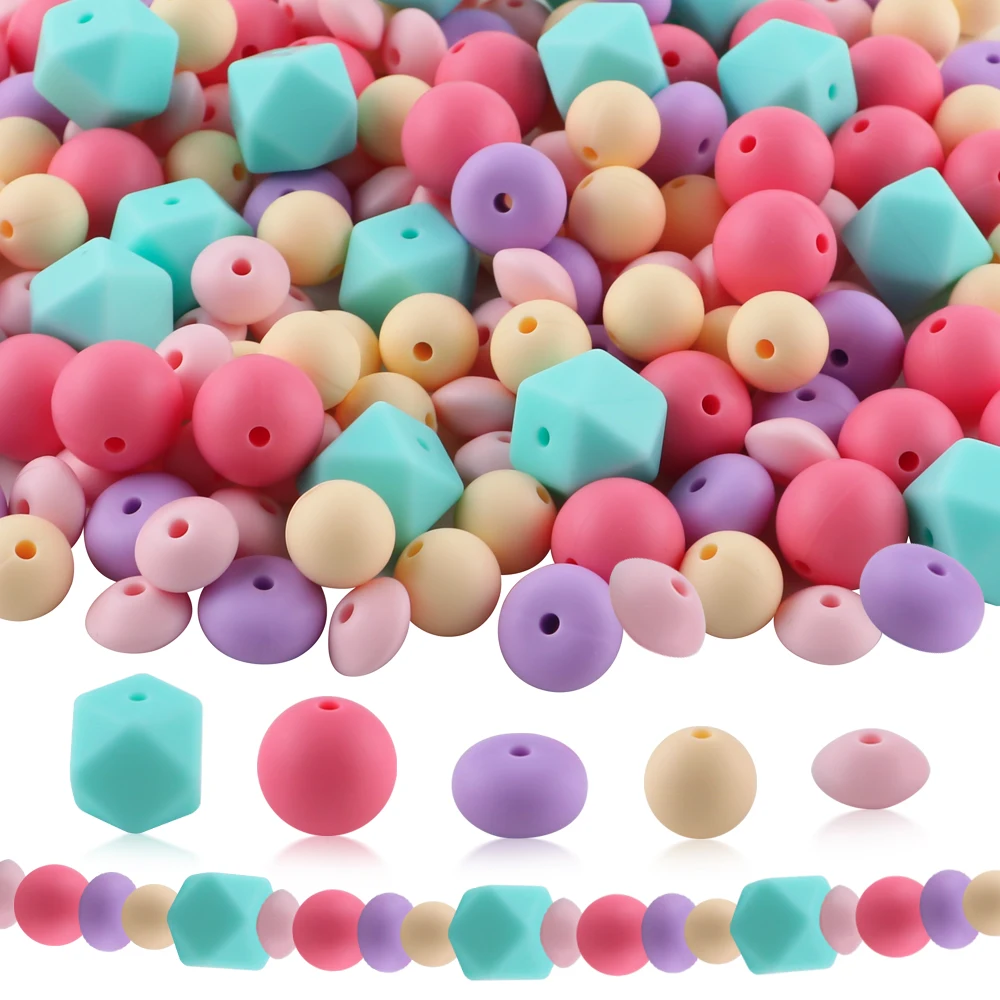 

50pcs/Lot Silicone Hexagon/Lentil/12mm Round Bead Mixed Set For Jewelry Making DIY Earrings Bracelet Necklace Etc Accessories