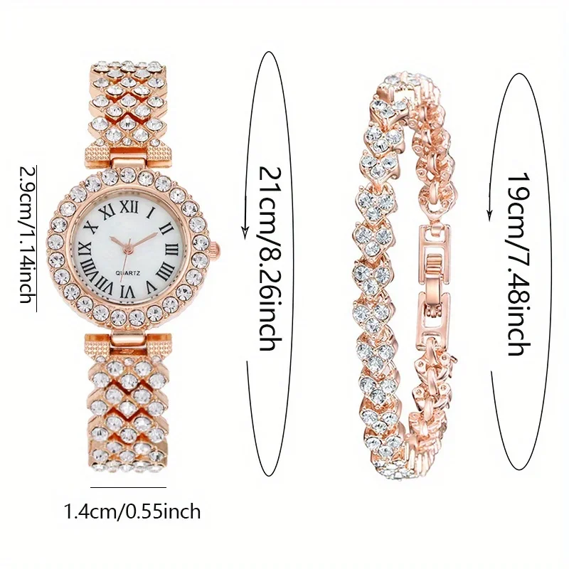 2pcs Luxury Women Rhinestone Rose Gold Watch Fashion Ladies Quartz Diamond Wristwatch Elegant Female Bracelet Watches Set Gift