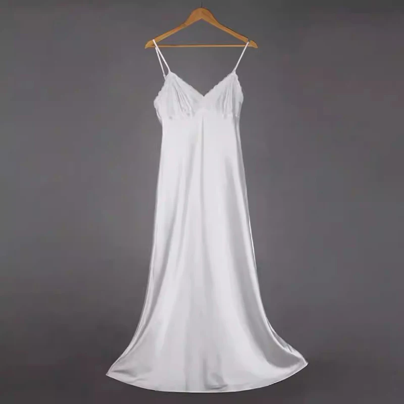 Silk Long Nightgown Spaghetti Strap Sleepdress Lace Sexy V Neck Sleepdress For Women Solid Long Nightdress Lady Sexy Lingerie
