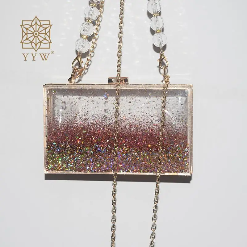 Sequined Transparent Clutch Women Acrylic Box Bag Party Evening Purse Shoulder Bags Hard Day Crystal Chain Cocktail Party Bags