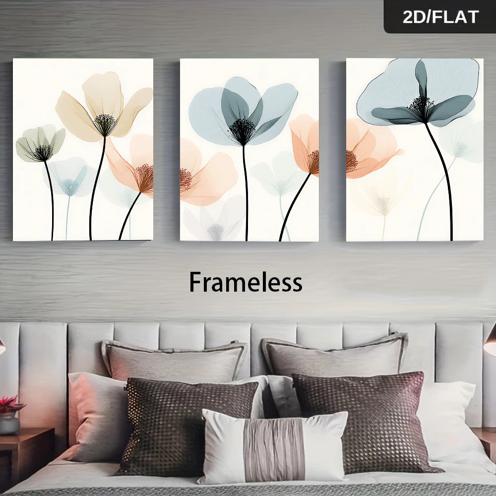 1 set of modern simple triple elegant floral bedroom foyer home sofa background wall frameless decorative painting 2D plan