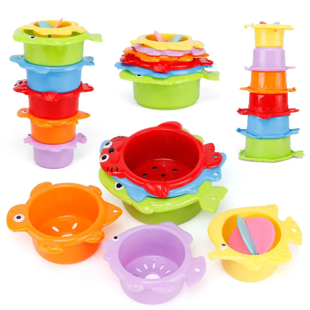 Juguete de baño para bebé, taza apilable, juguetes para niños pequeños, torre apilable de océano, bañera, juego de agua, juguetes de playa, juguete educativo, regalos para niños, 6 uds.