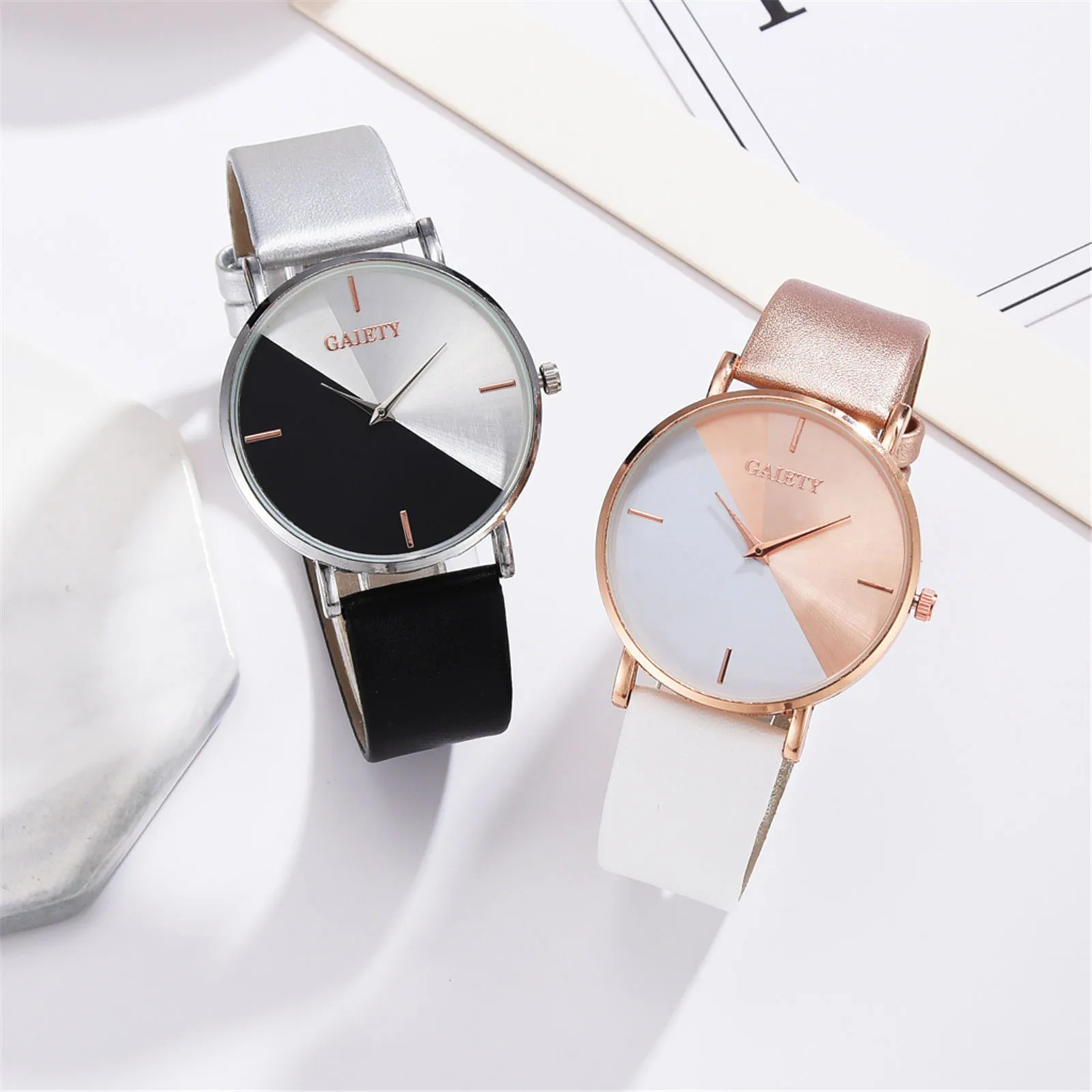 Women'S Watch Set Luxury Fashion Light Luxury Geometric Stitching Quartz Style Pu Leather Strap Round Dial Women'S Gift