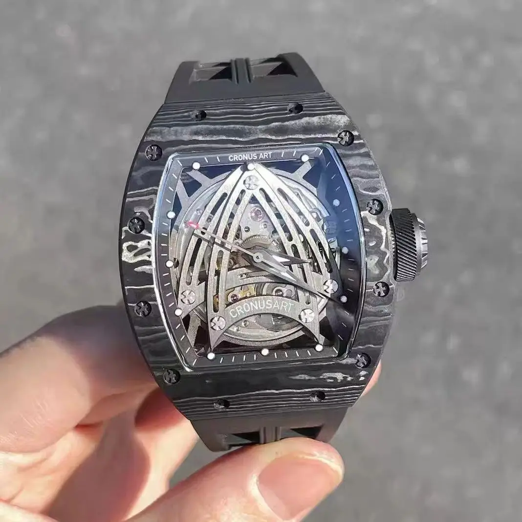 CRONUSART Men Automatic Watch Tonneau Mechanical Wristwatch Carbon Fiber Case Waterpproof Sapphire Luminous Apollo Dial SW200