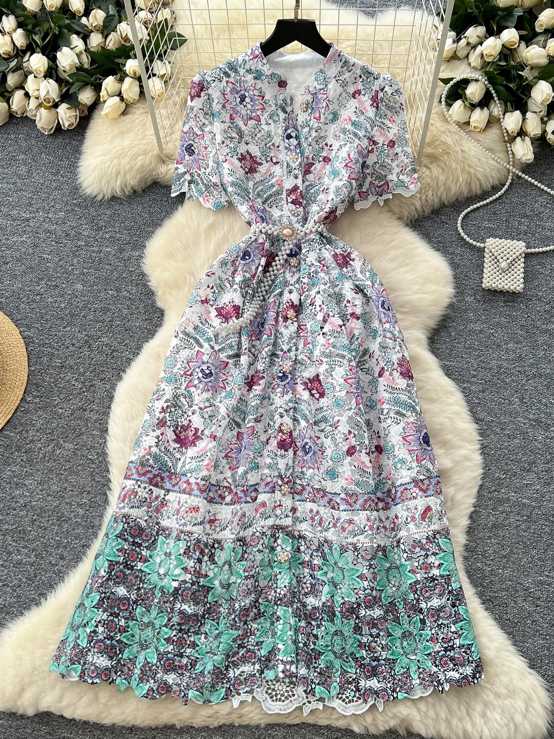 Ele Long Dr High Waist A-Line Silhouette ort Sve Hollow out Lace Single Button Luxury Women's Faion Summer Dr