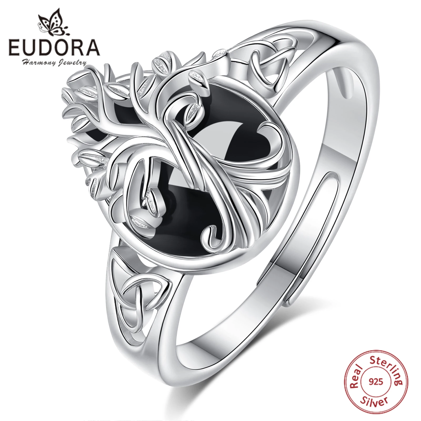 

Eudora 925 Sterling Silver Tree of Life Adjustable Ring Obsidian Celtic Knot Ring Pagan Spiritual Jewelry Gift for Women Men